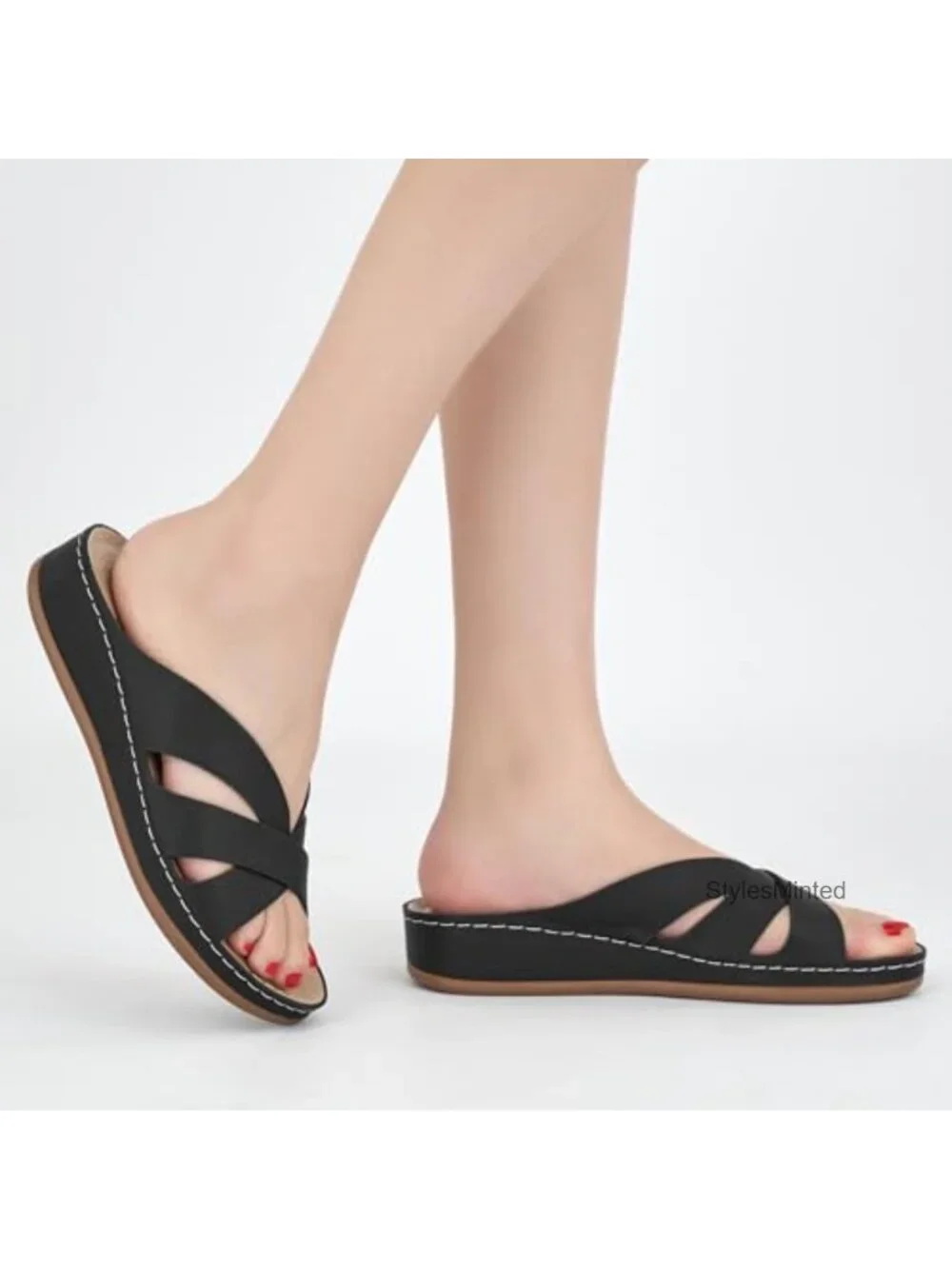 Women's Faux Leather Wedge Sandals with Memory Foam Insole, Slip-On Platform